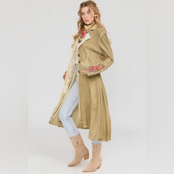 Aratta Floral Embroidered Trench Coat in Tan - Picture 9 of 12